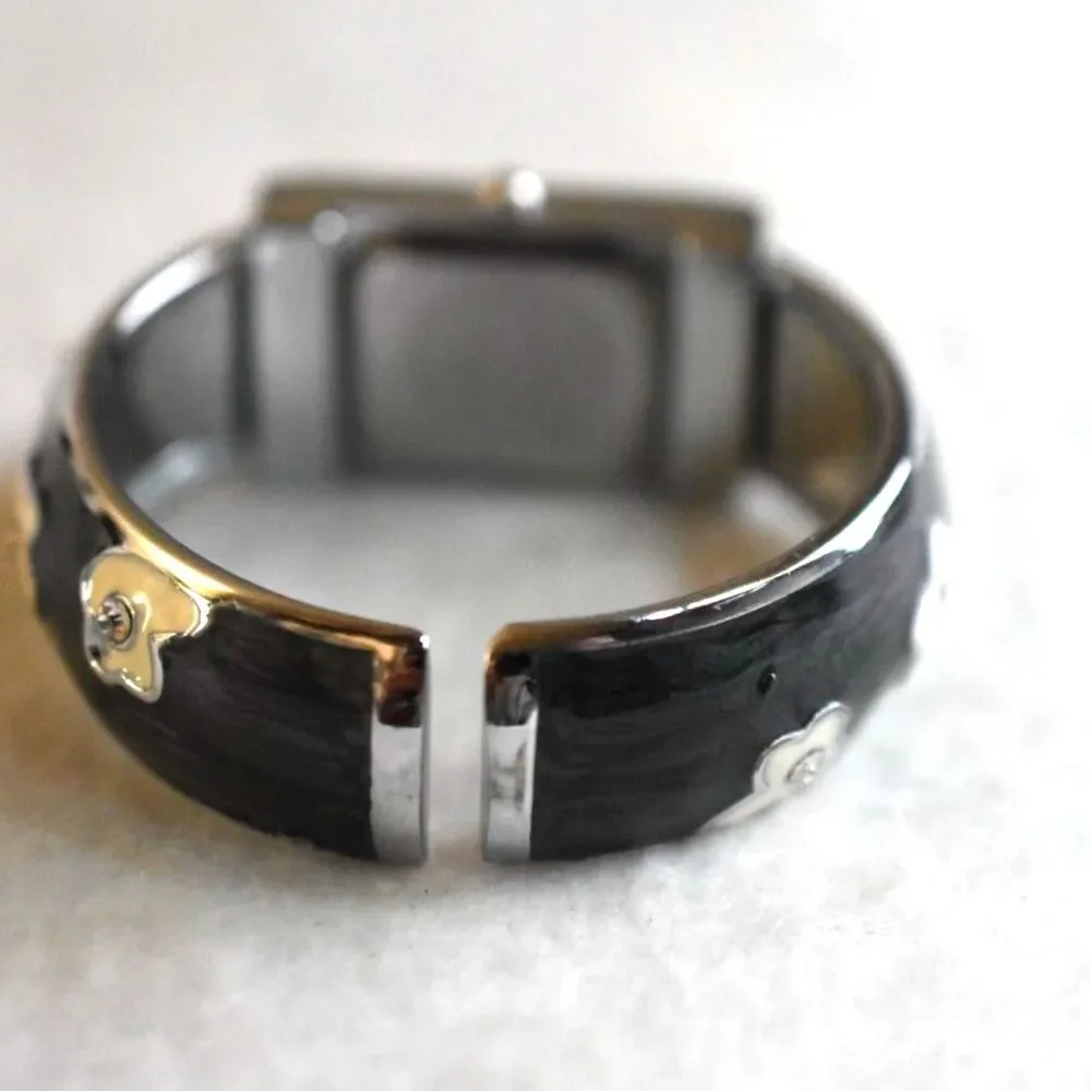 XinHua Petite Yellow Flowers Black Enamel Silver Tone 5